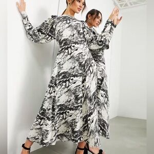 ASOS EDITION BLOUSON SLEEVE MIDI DRESS IN MARBLE PRINT